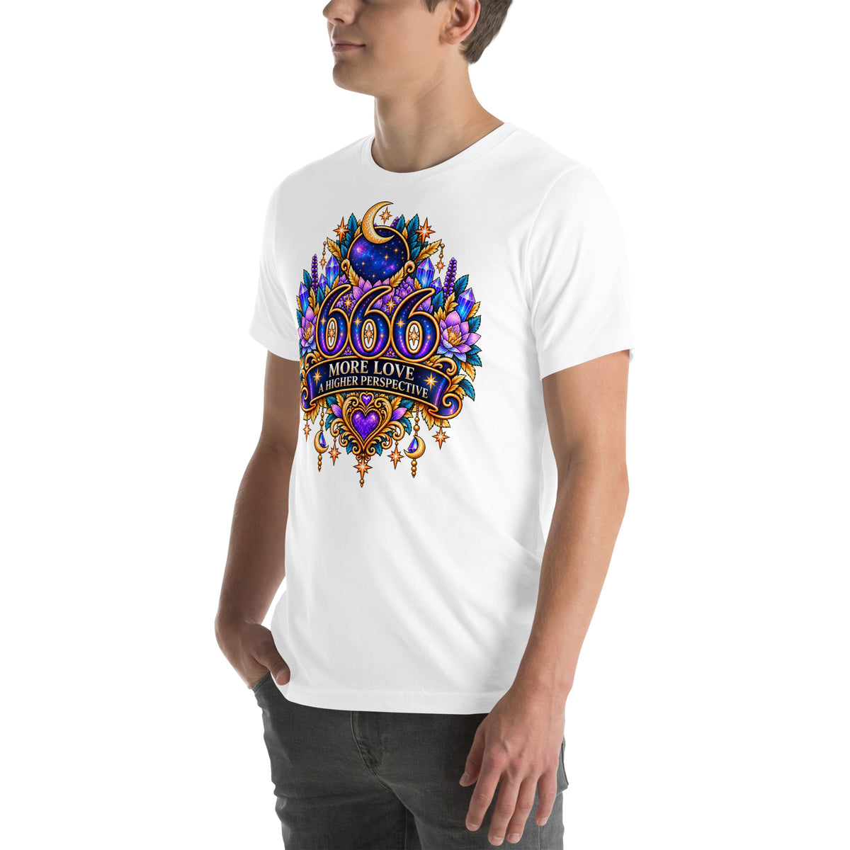 666 More Love angel number design, a crescent moon over a starry orb, with purple lotus flowers and blue crystals, on a white unisex t-shirt, left front view