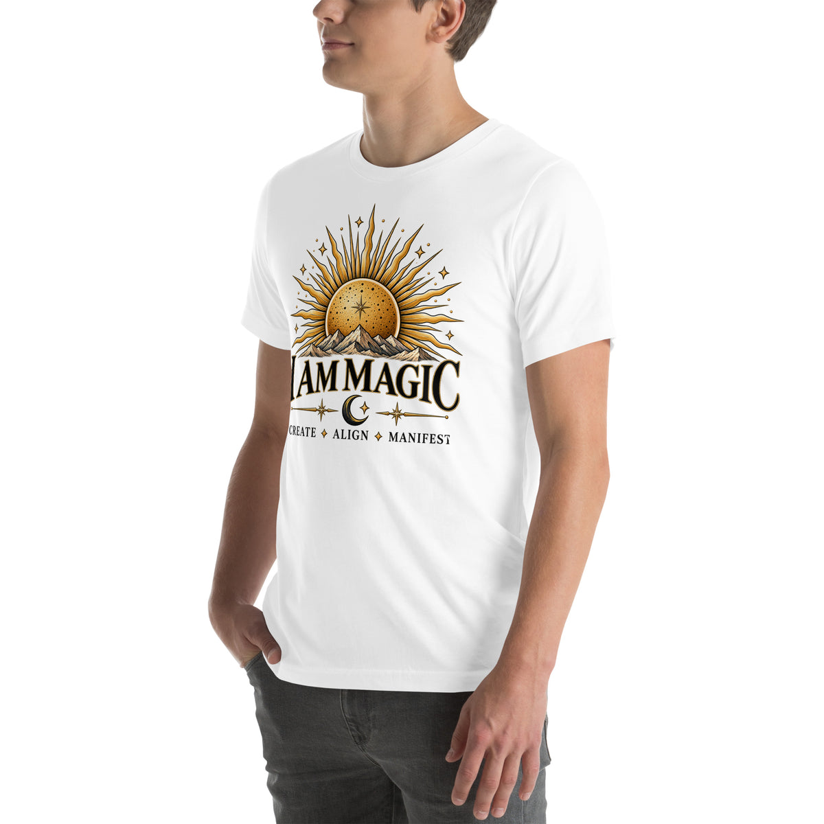 I Am Magic design with a gold sun face, Be Magical collection, on a white unisex t-shirt, angled left front view