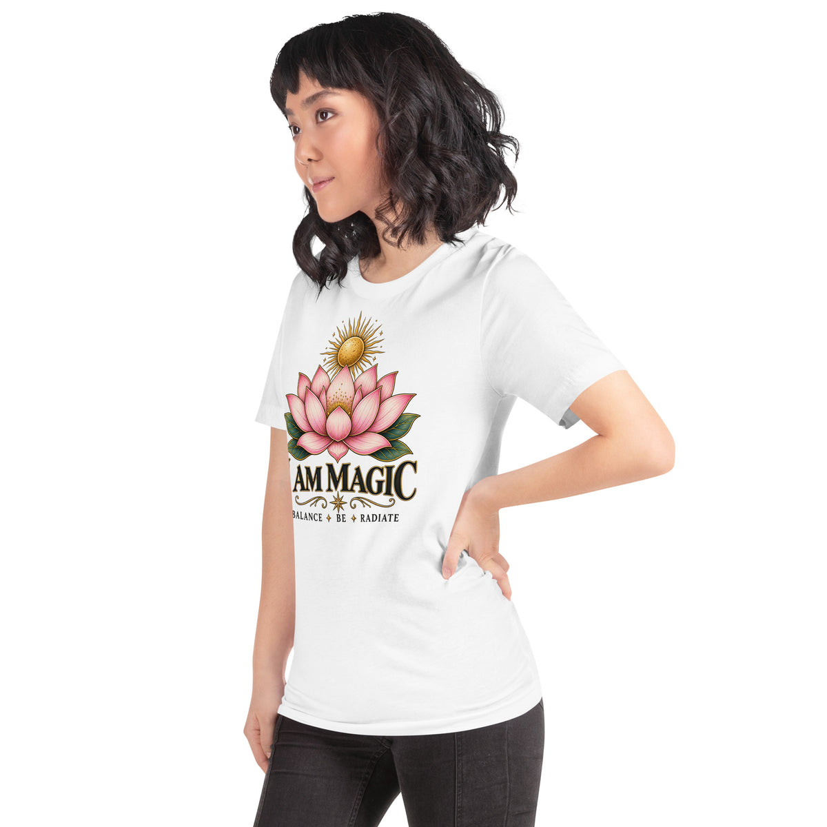 I Am Magic design with a gold lotus, Be Magical collection, on a white unisex t-shirt, angled left front view