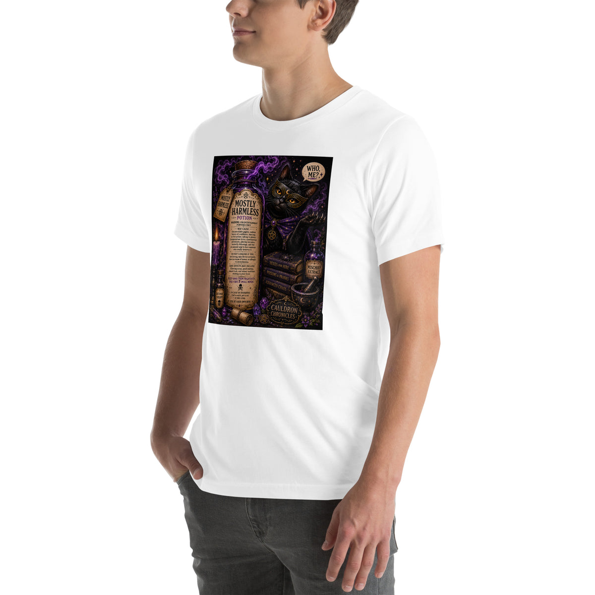 Mostly Harmless whimsigoth design, a potion bottle with a long warning label, on a white unisex t-shirt, left front view