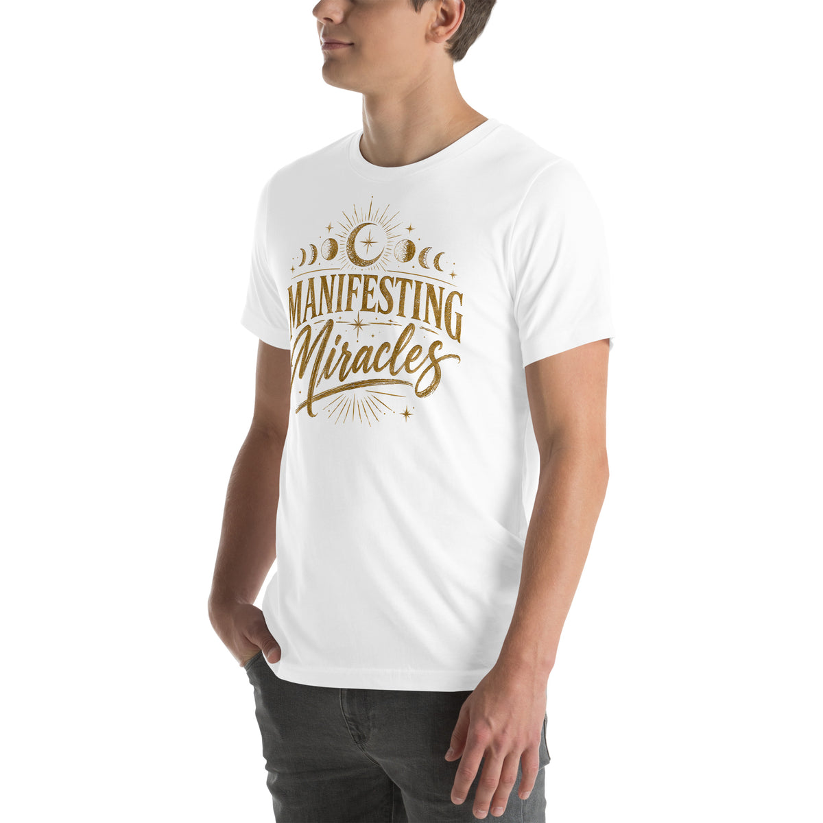 Manifesting Miracles design with moon phases in antique gold, on a white unisex t-shirt, angled left front view