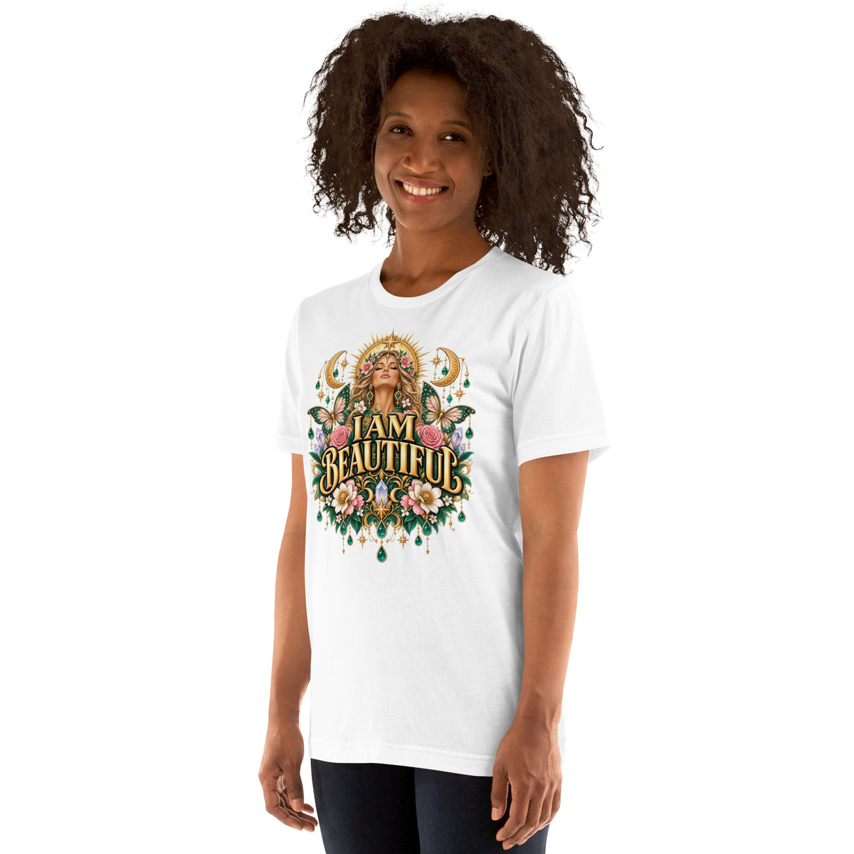 I Am Beautiful affirmation design with roses, butterflies and twin crescents in gold, on a white unisex t-shirt, angled left front view
