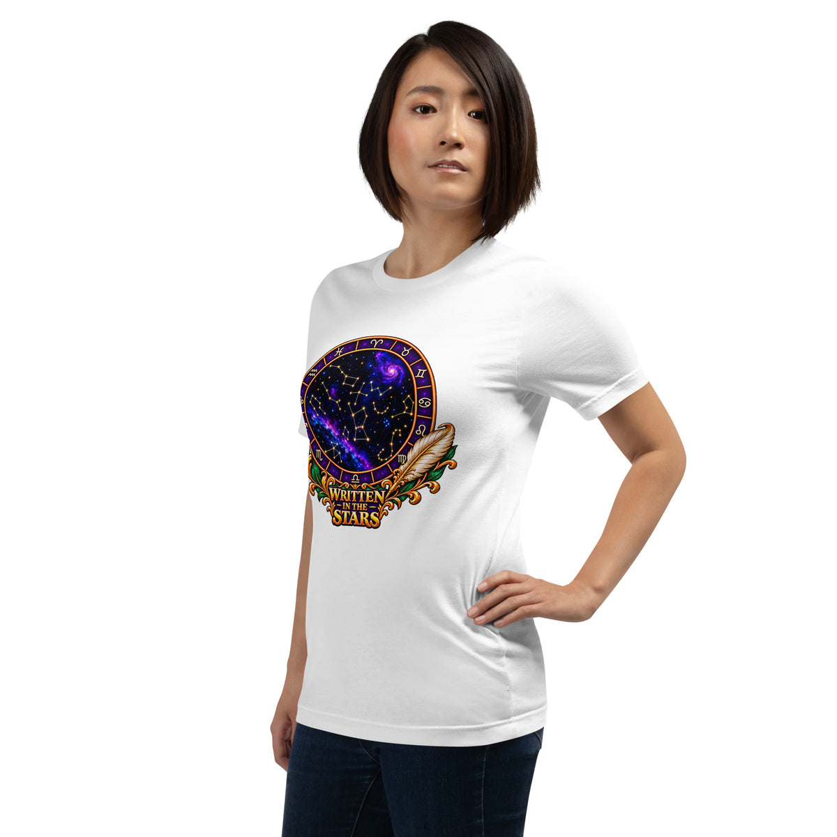 Written In The Stars astrology design, a zodiac wheel of constellations and a galaxy framed by gold scrollwork and a feather quill, on a white unisex t-shirt, left front view