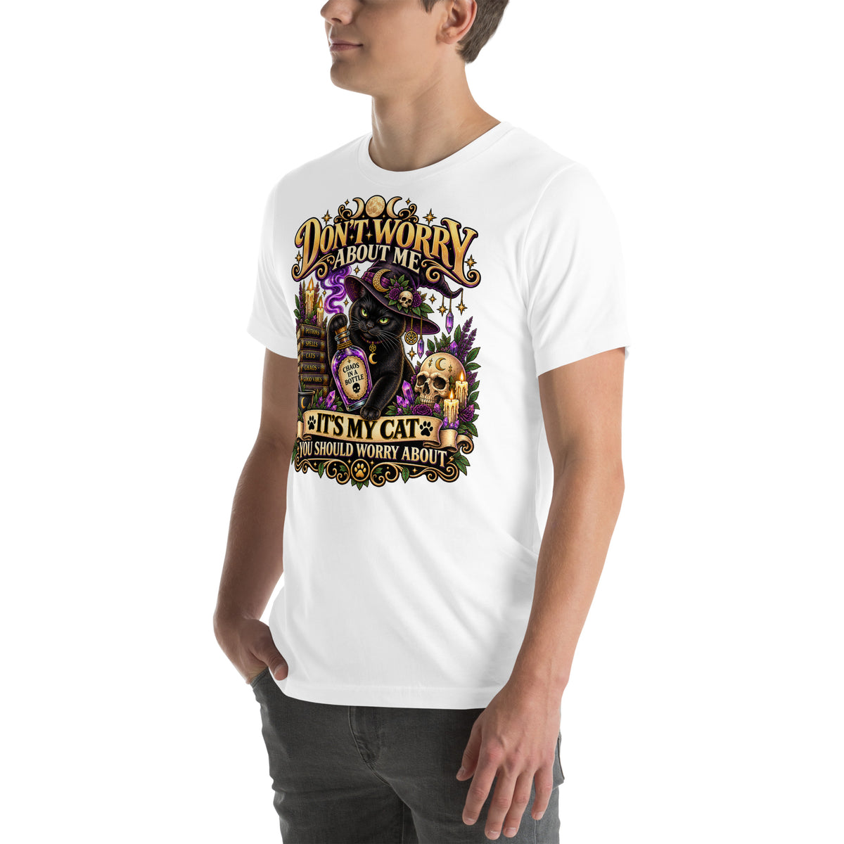 Model wearing a White It's My Cat You Should Worry About t-shirt, left side view
