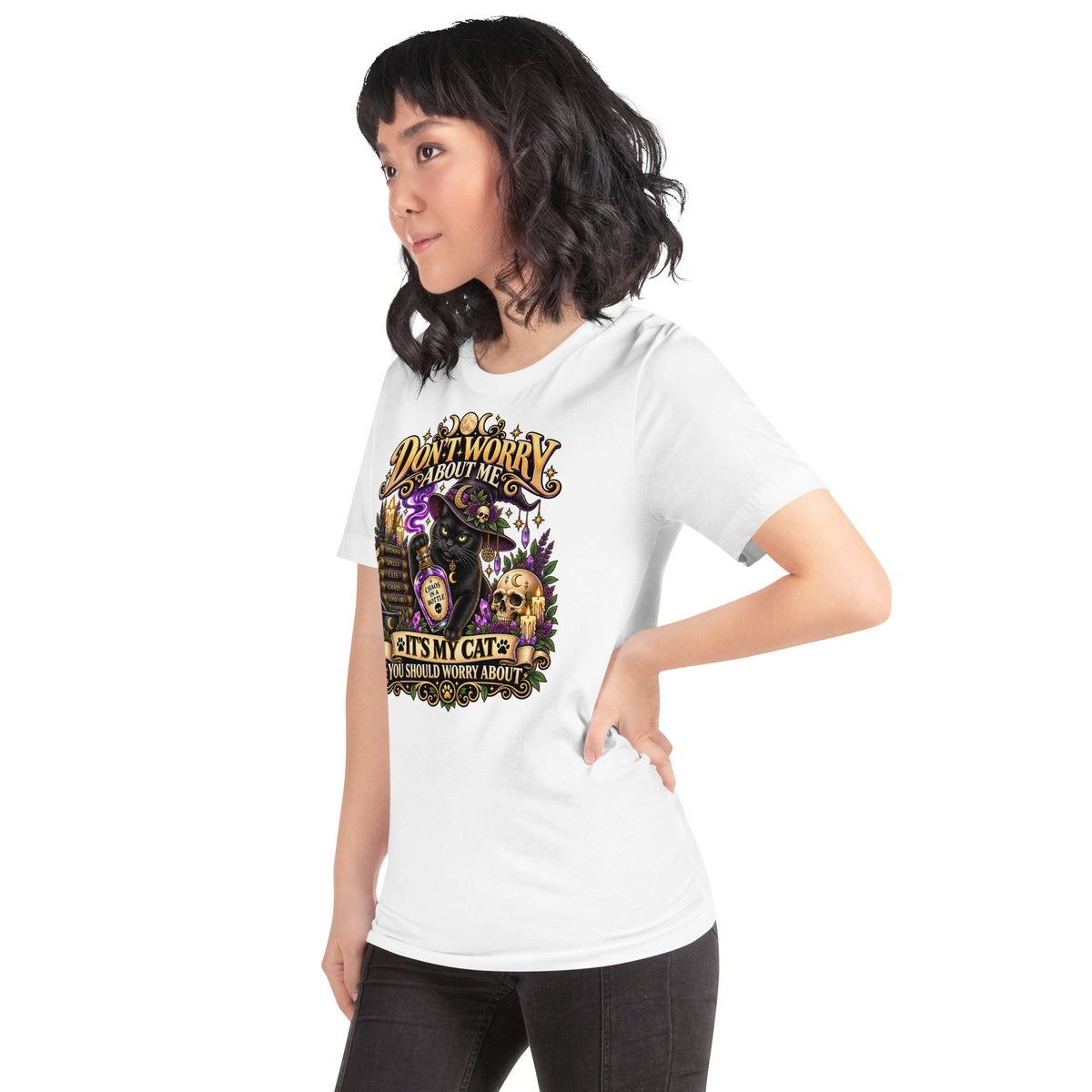 Model wearing a White It's My Cat You Should Worry About t-shirt, left side view