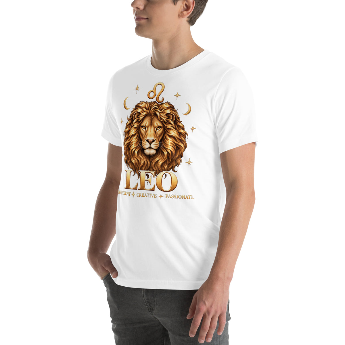 Leo zodiac t-shirt in white, front view angled left