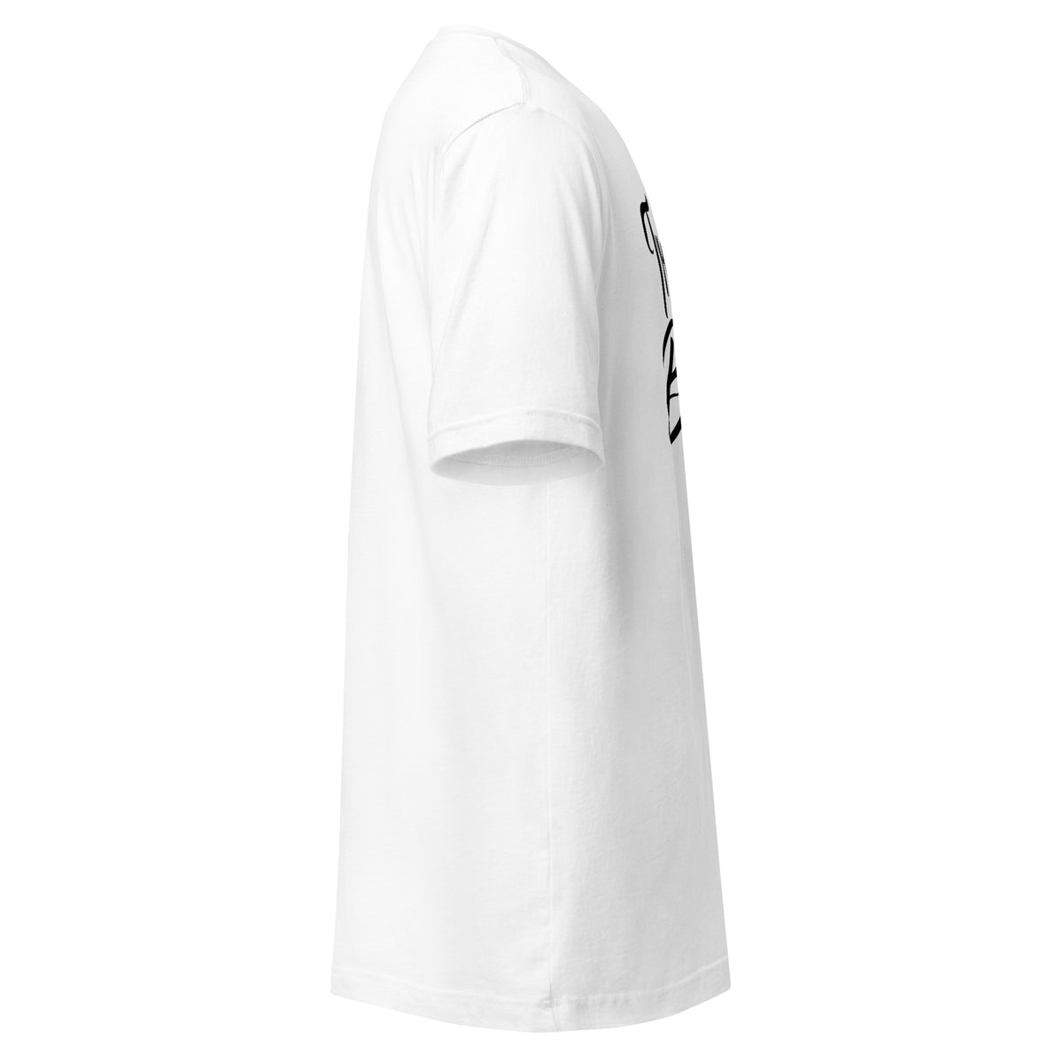Trust and Believe design in black lettering, on a white unisex t-shirt, right side view