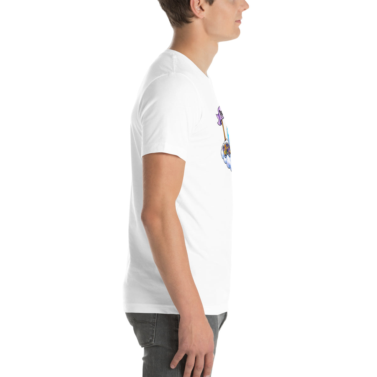Psychic Is In design, playful floating clouds beneath a banner that reads Psychic Is Open for Business, on a white unisex t-shirt, right side view