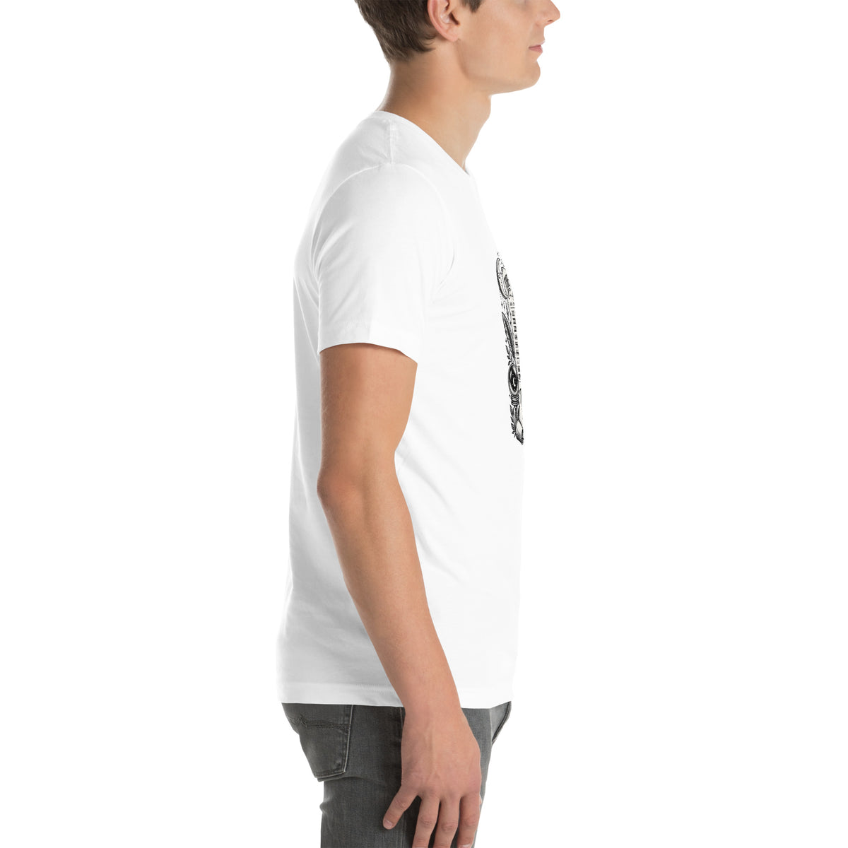 Trust the Signs design, a receipt from the Universe listing the angel numbers and their meanings, with a crystal ball and a candle, on a white unisex t-shirt, right side view