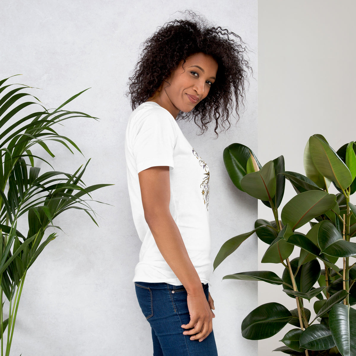 Own Your Grounded Energy design, an ornate tree with gold leaves and crystals in its roots, on a white unisex t-shirt, right side view