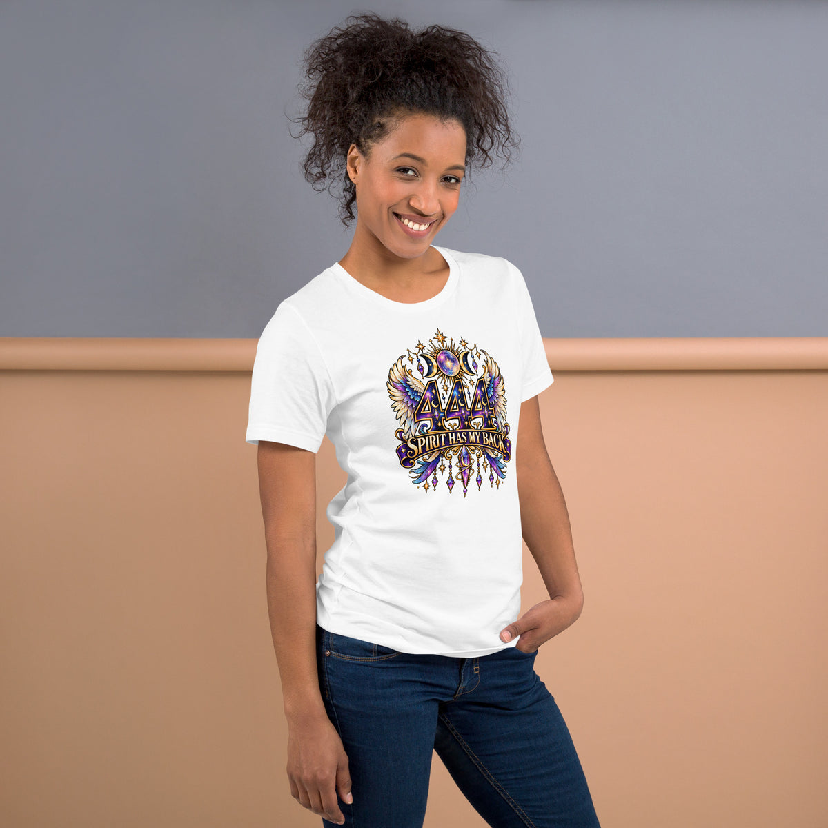 444 Spirit Has My Back angel number design, angel wings flanking the number beneath a galaxy orb and crescent moons, on a white unisex t-shirt, right side view