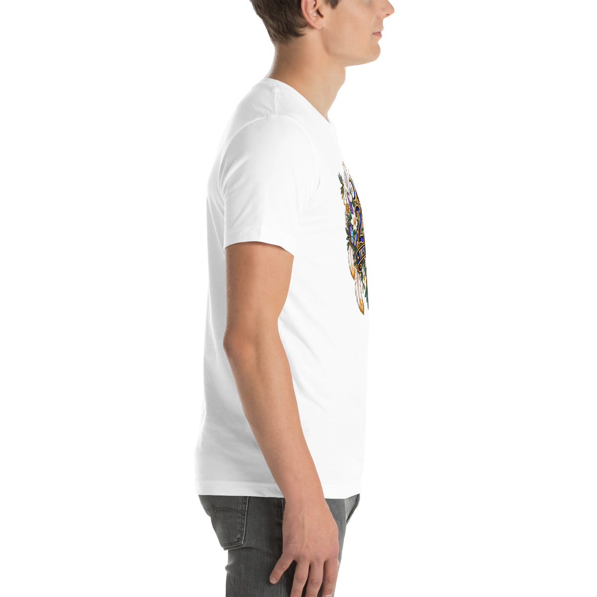 222 Trust The Timing angel number design, two white doves with olive branches, a gold pocket watch and white feathers, on a white unisex t-shirt, right side view