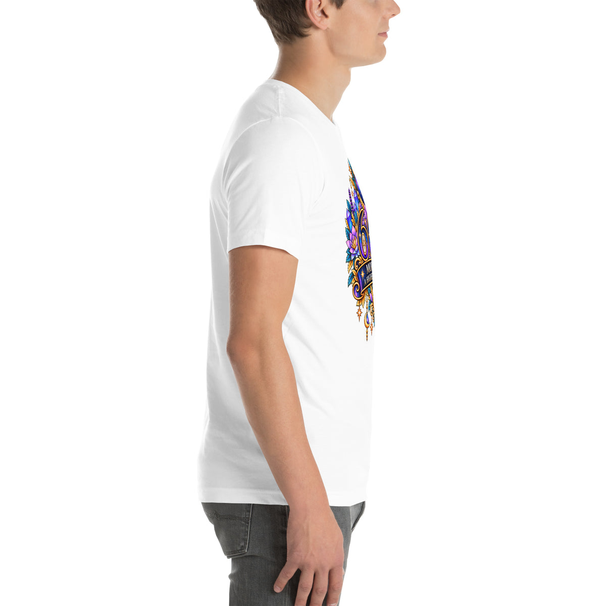 666 More Love angel number design, a crescent moon over a starry orb, with purple lotus flowers and blue crystals, on a white unisex t-shirt, right side view