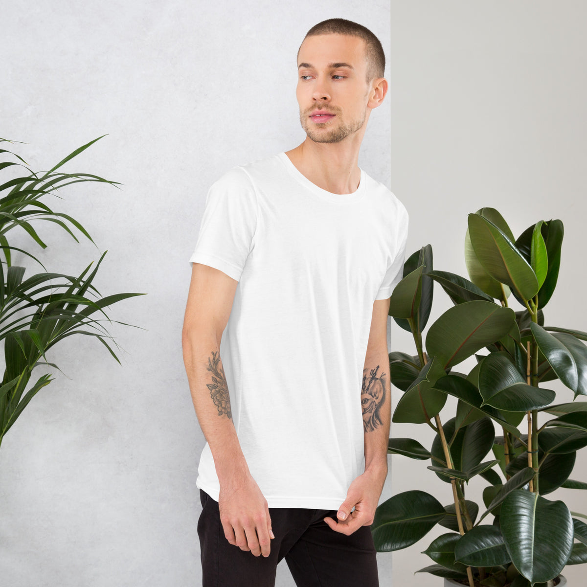 11:11 angel number design, the number set in plain white type above Notice, Align, Receive, on a white unisex t-shirt, right side view