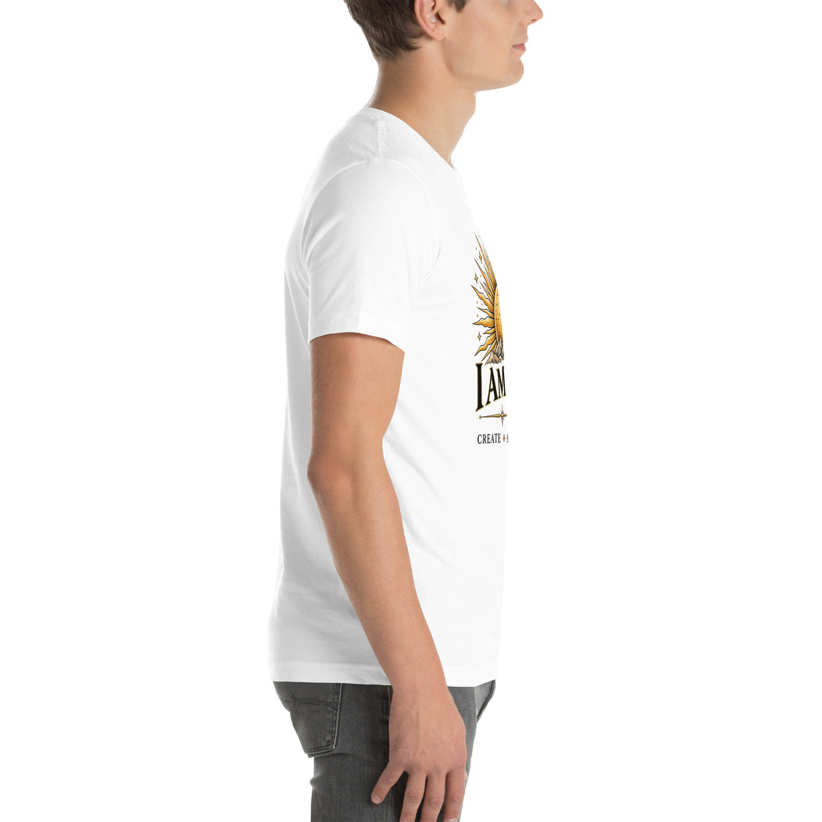 I Am Magic design with a gold sun face, Be Magical collection, on a white unisex t-shirt, right side view