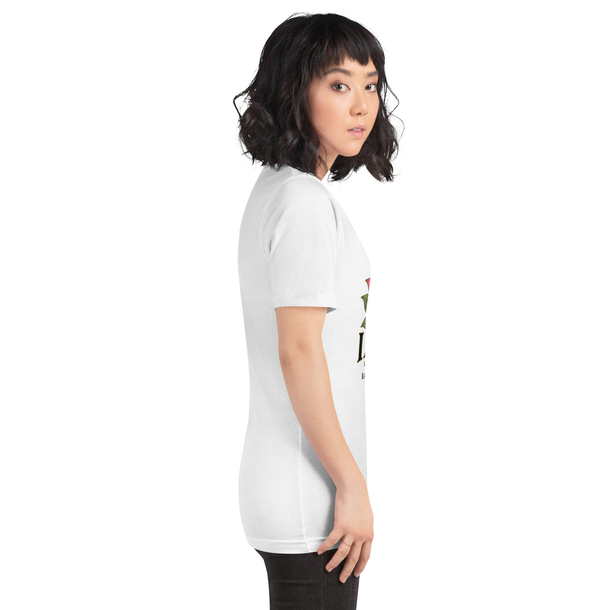 I Am Magic design with a gold lotus, Be Magical collection, on a white unisex t-shirt, right side view