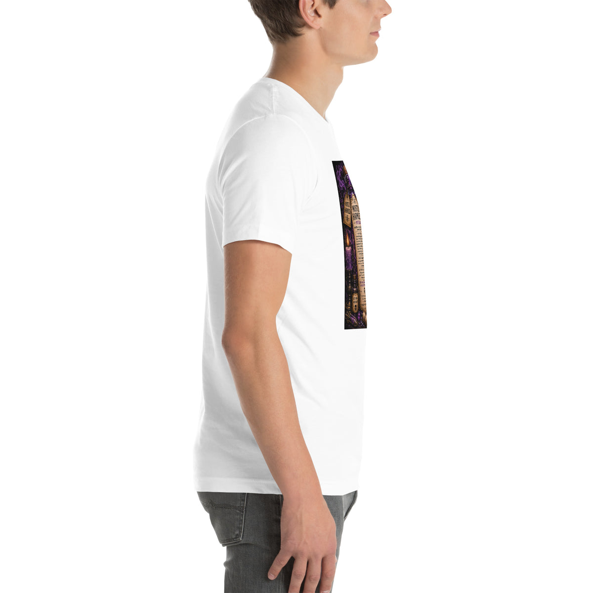 Mostly Harmless whimsigoth design, a potion bottle with a long warning label, on a white unisex t-shirt, right side view