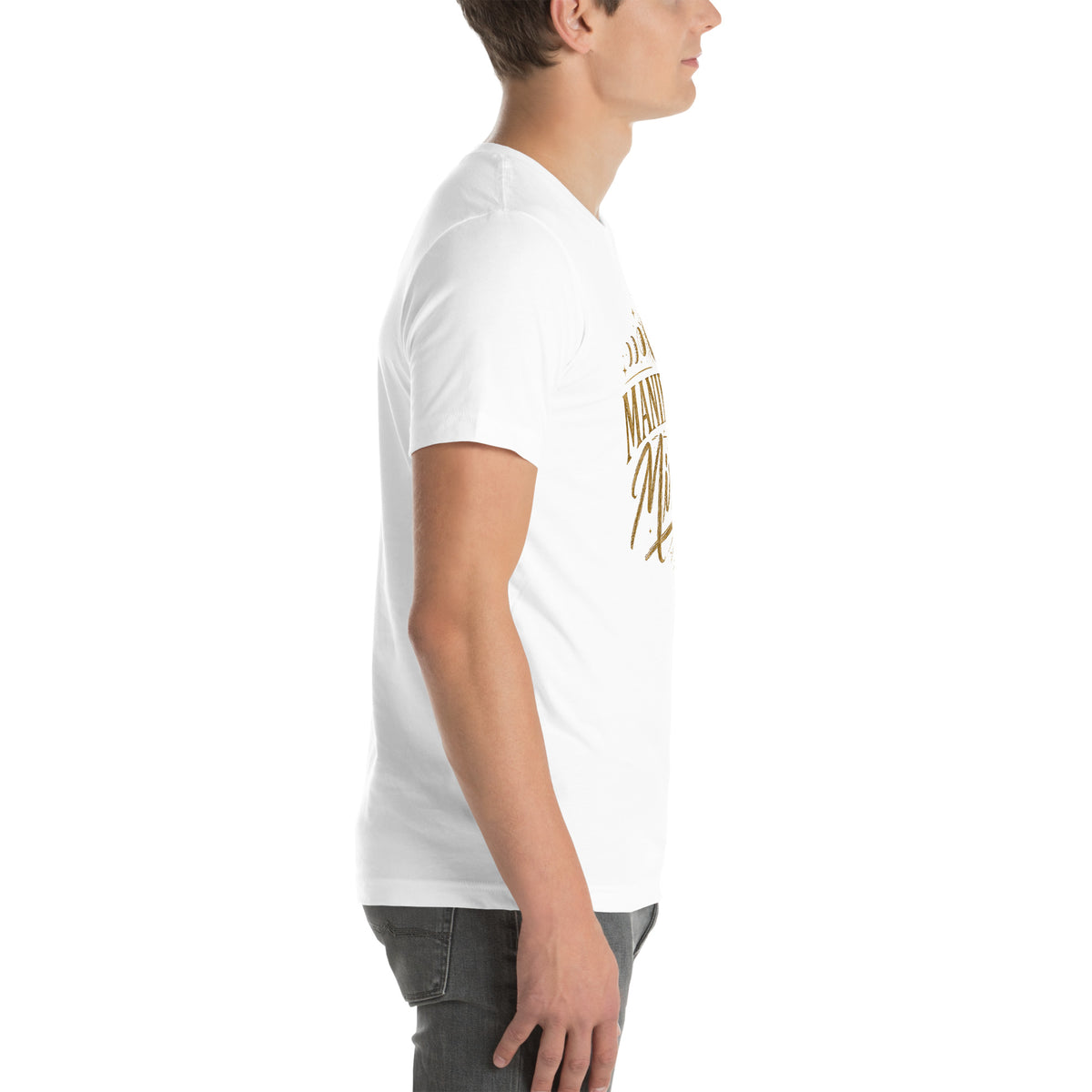 Manifesting Miracles design with moon phases in antique gold, on a white unisex t-shirt, right side view