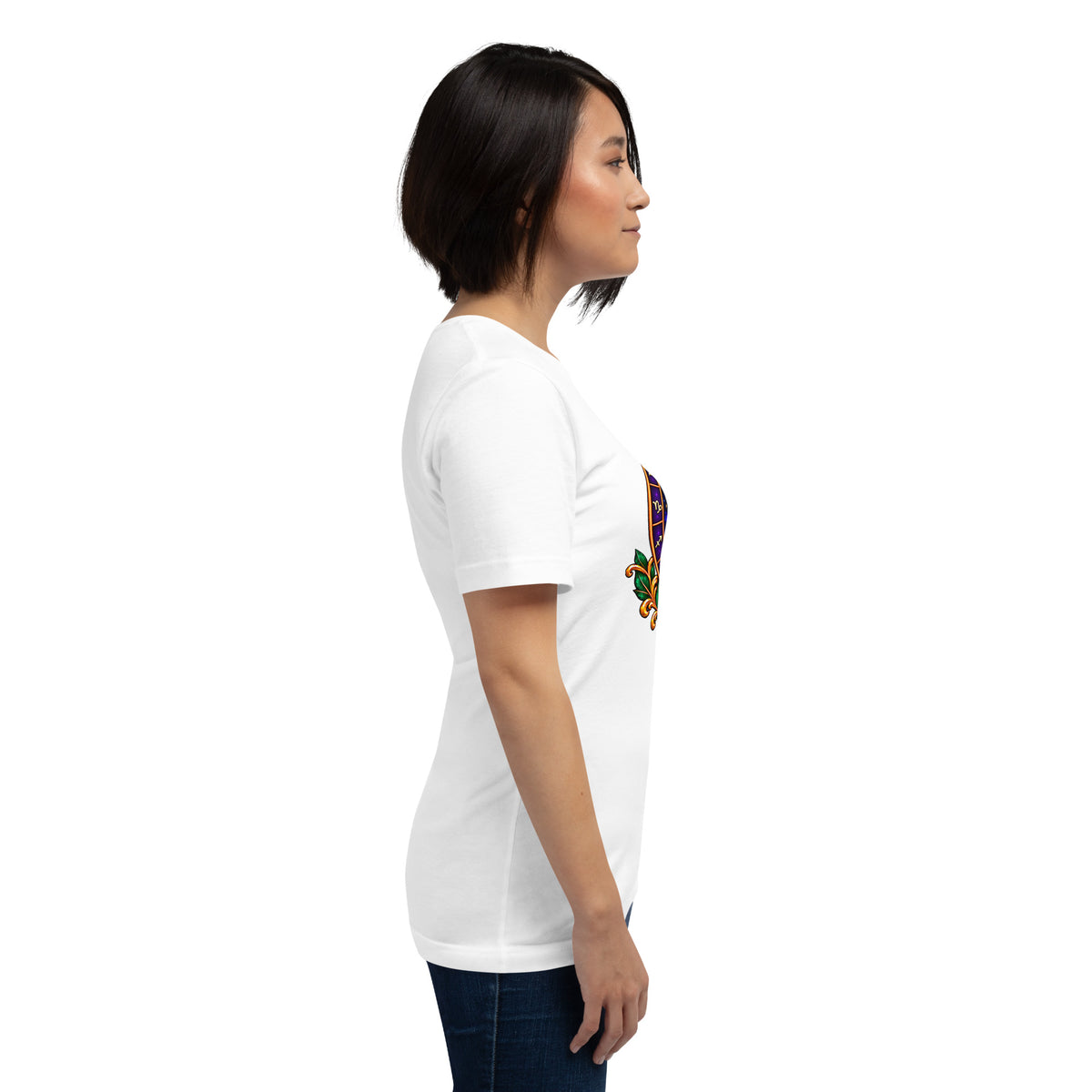 Written In The Stars astrology design, a zodiac wheel of constellations and a galaxy framed by gold scrollwork and a feather quill, on a white unisex t-shirt, right view