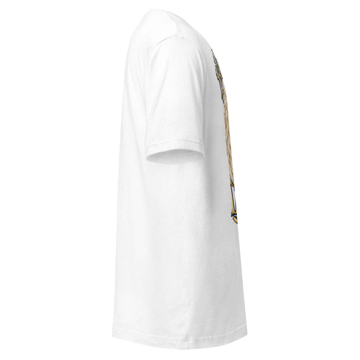 I Am Never Walking Alone design, cream angel wings framing a starry path with gold footprints, on a white unisex t-shirt, right side view