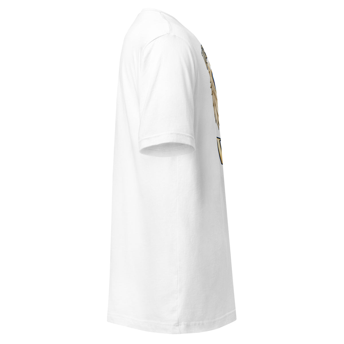 Love Gave You Wings design, a blue gem heart with a gold halo, cream angel wings and a gold dog paw print at its center, under gold lettering, on a white unisex t-shirt, right side view