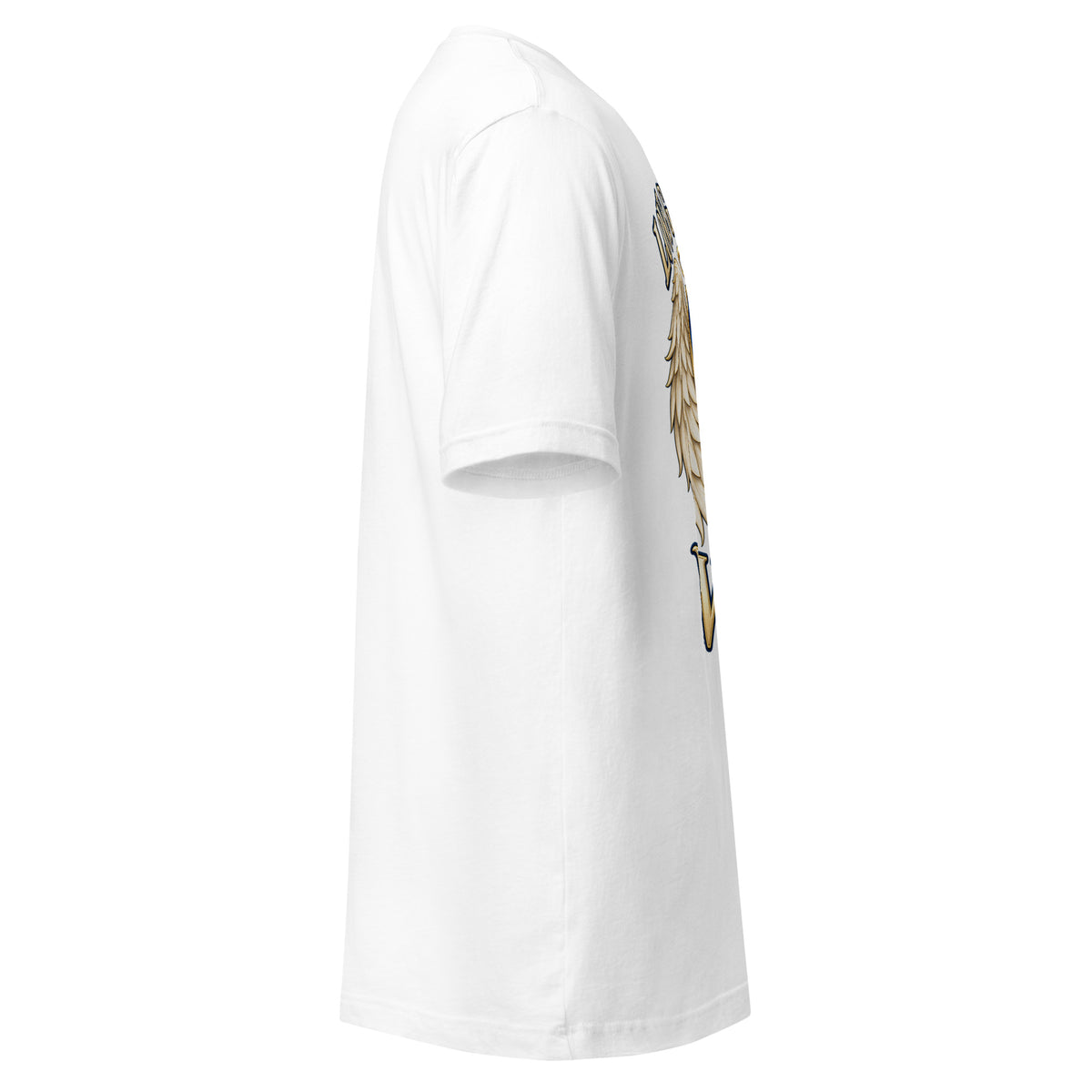 Love Gave You Wings design, a blue gem heart with a gold halo, cream angel wings and a gold dog paw print at its center, under gold lettering, on a white unisex t-shirt, right side view