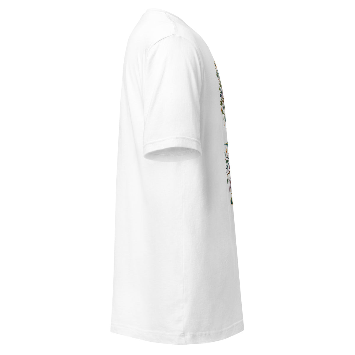 Grounded unisex t-shirt in white, right side, showing the sleeve and shoulder taping.