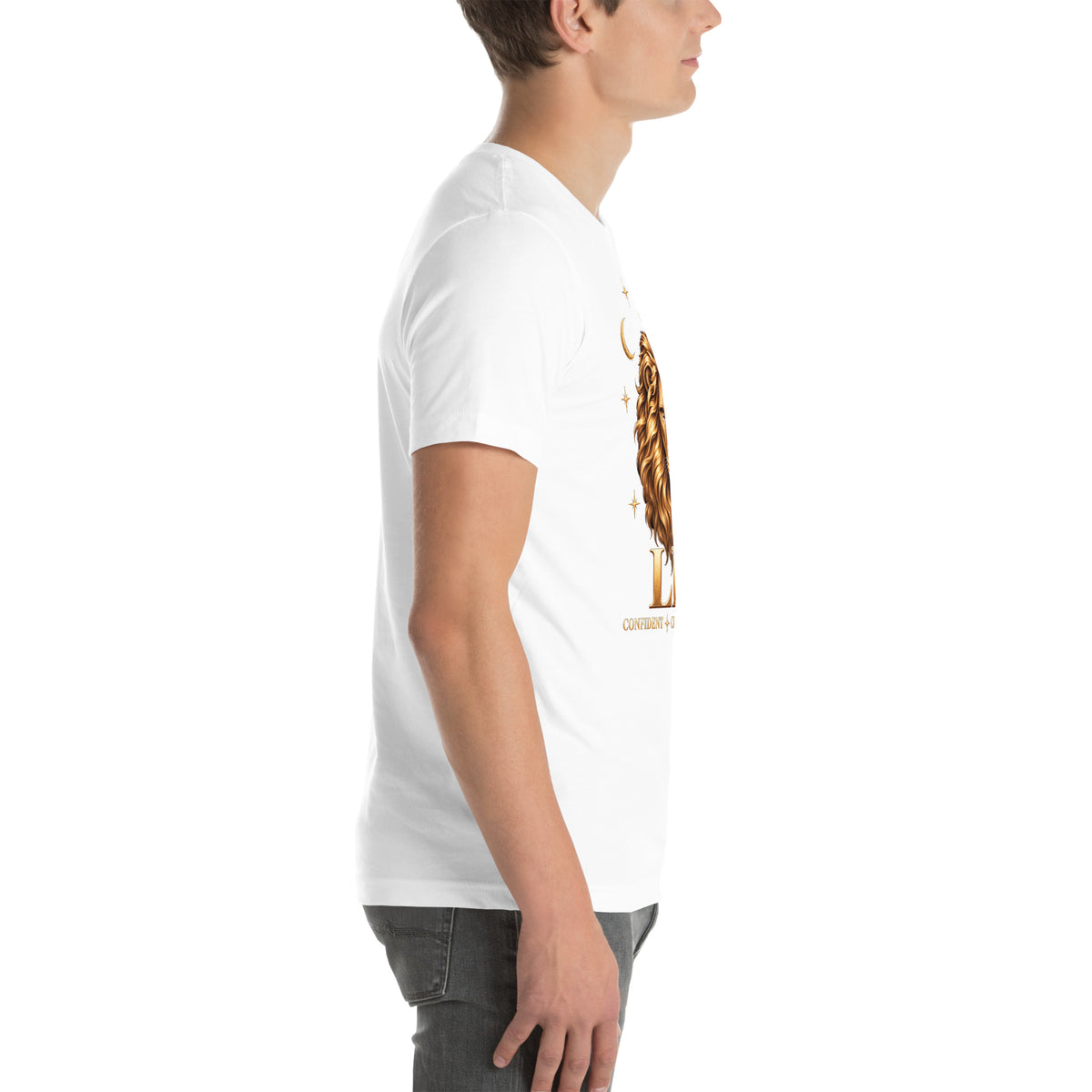 Leo zodiac t-shirt in white, right side view