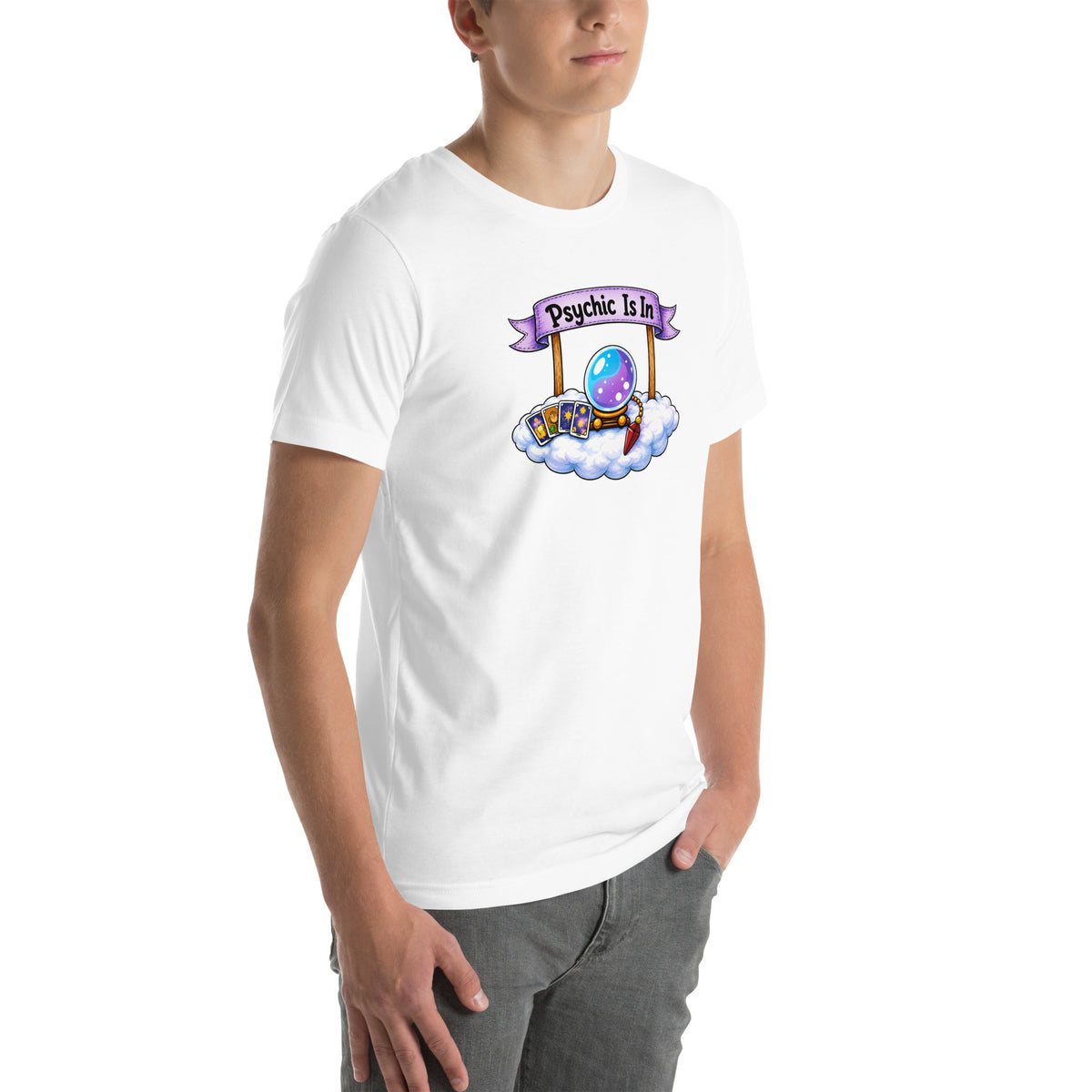 Psychic Is In design, playful floating clouds beneath a banner that reads Psychic Is Open for Business, on a white unisex t-shirt, angled right front view