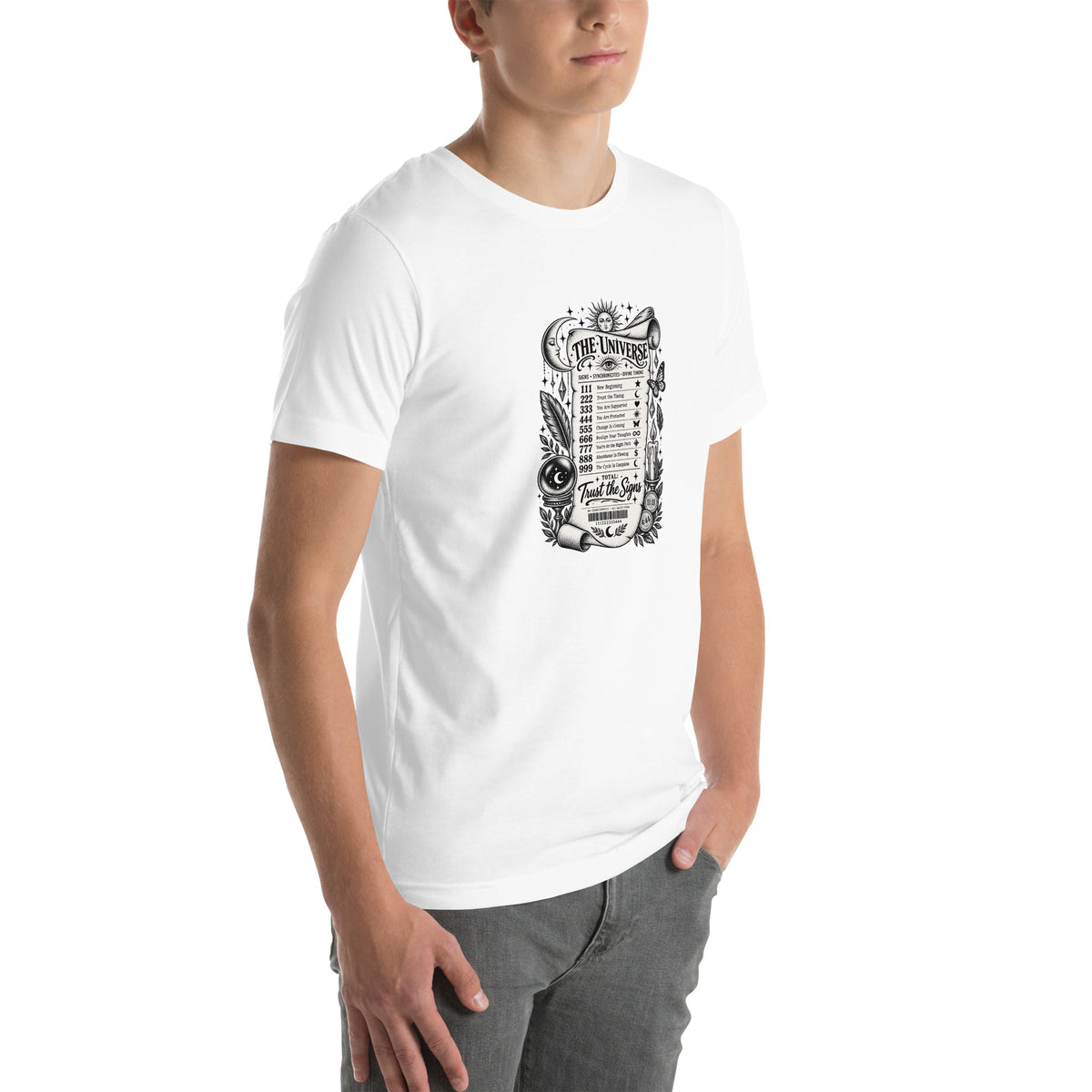 Trust the Signs design, a receipt from the Universe listing the angel numbers and their meanings, with a crystal ball and a candle, on a white unisex t-shirt, right front view