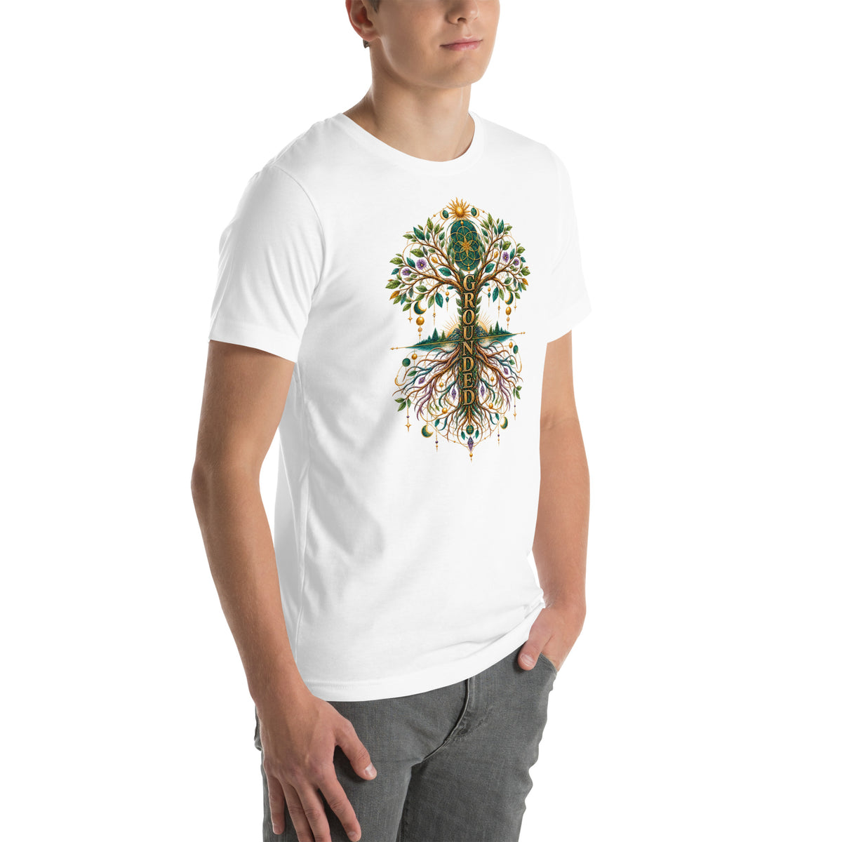 Grounded in Divine Energy design, on a white unisex t-shirt, angled right front view
