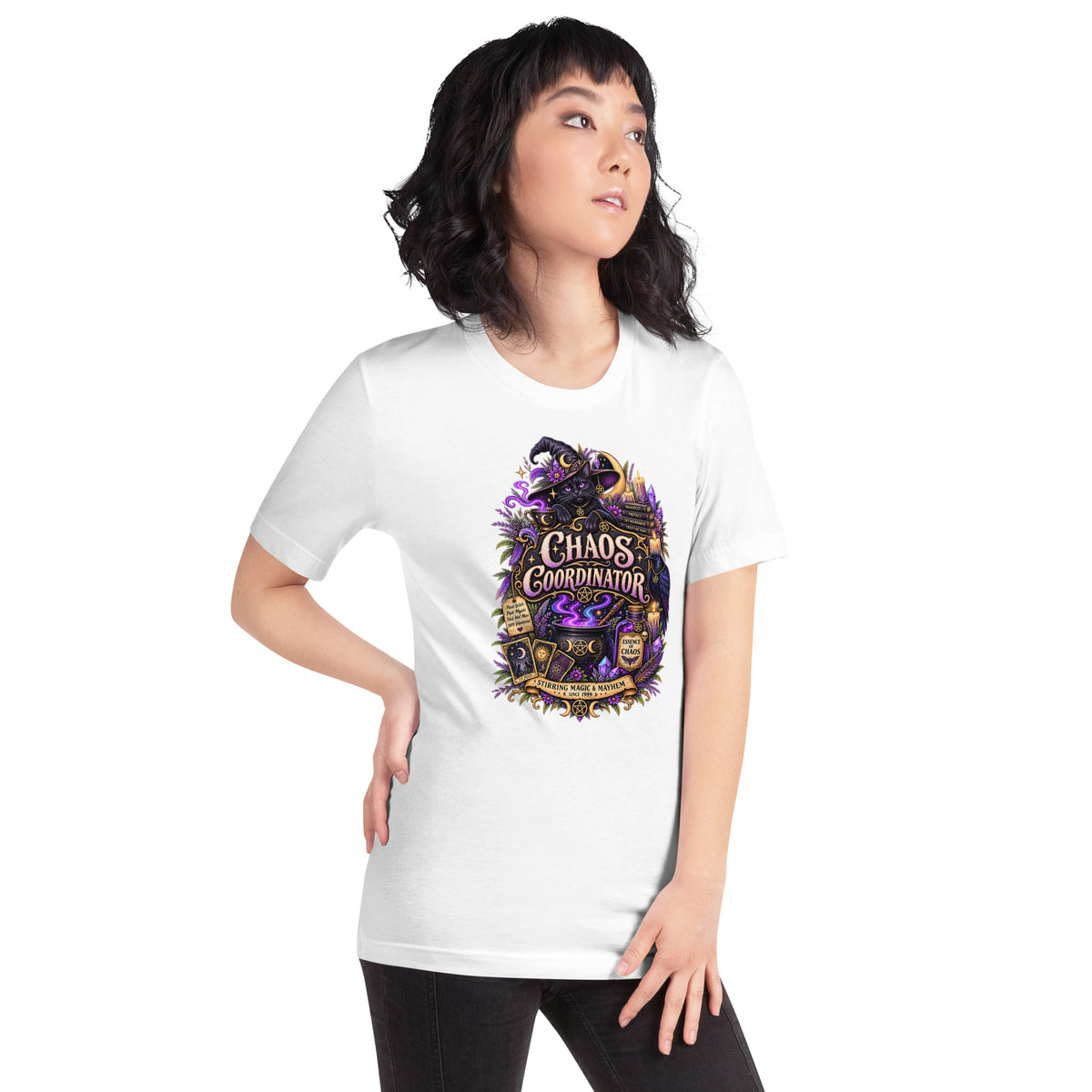 Chaos Coordinator whimsigoth design, a witchy black cat in a pointed hat, on a white unisex t-shirt, right front view