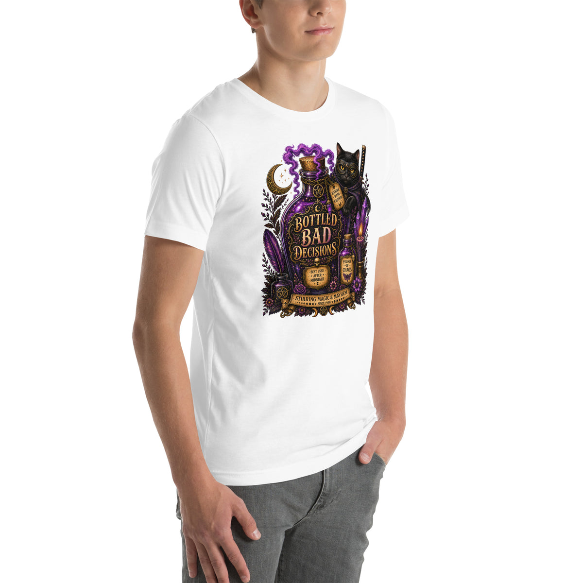 Bottled Bad Decisions whimsigoth design, a black cat and a glowing potion bottle, on a white unisex t-shirt, right front view
