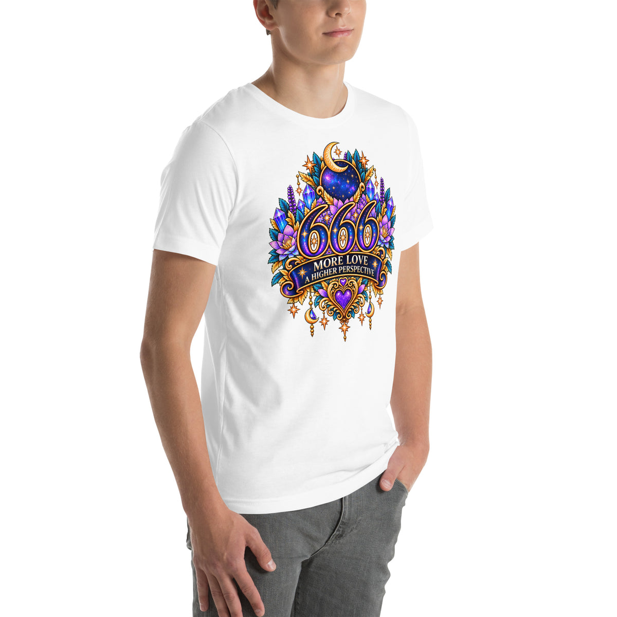 666 More Love angel number design, a crescent moon over a starry orb, with purple lotus flowers and blue crystals, on a white unisex t-shirt, right front view