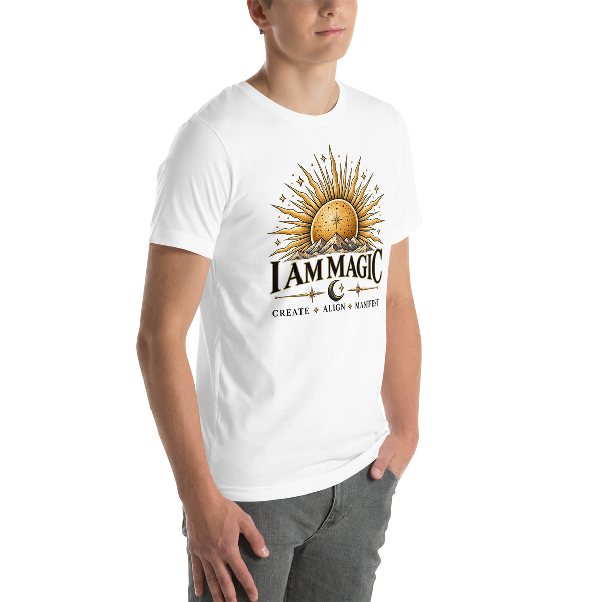 I Am Magic design with a gold sun face, Be Magical collection, on a white unisex t-shirt, angled right front view