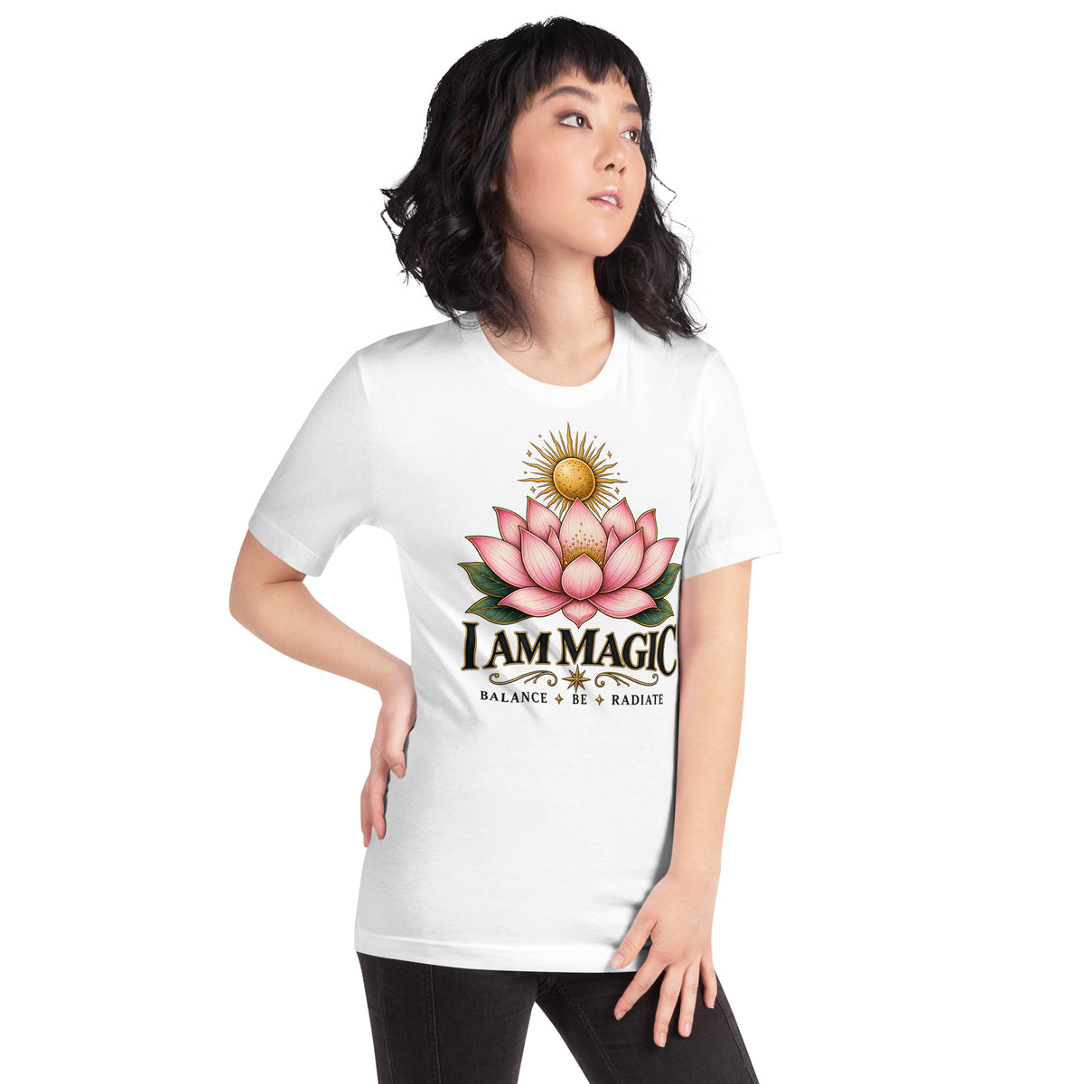 I Am Magic design with a gold lotus, Be Magical collection, on a white unisex t-shirt, angled right front view