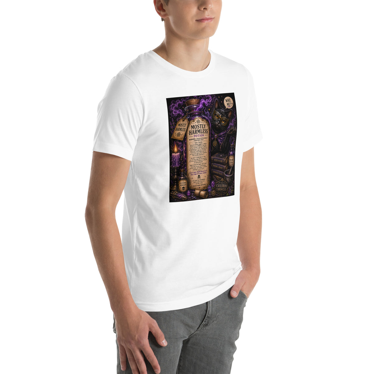 Mostly Harmless whimsigoth design, a potion bottle with a long warning label, on a white unisex t-shirt, right front view