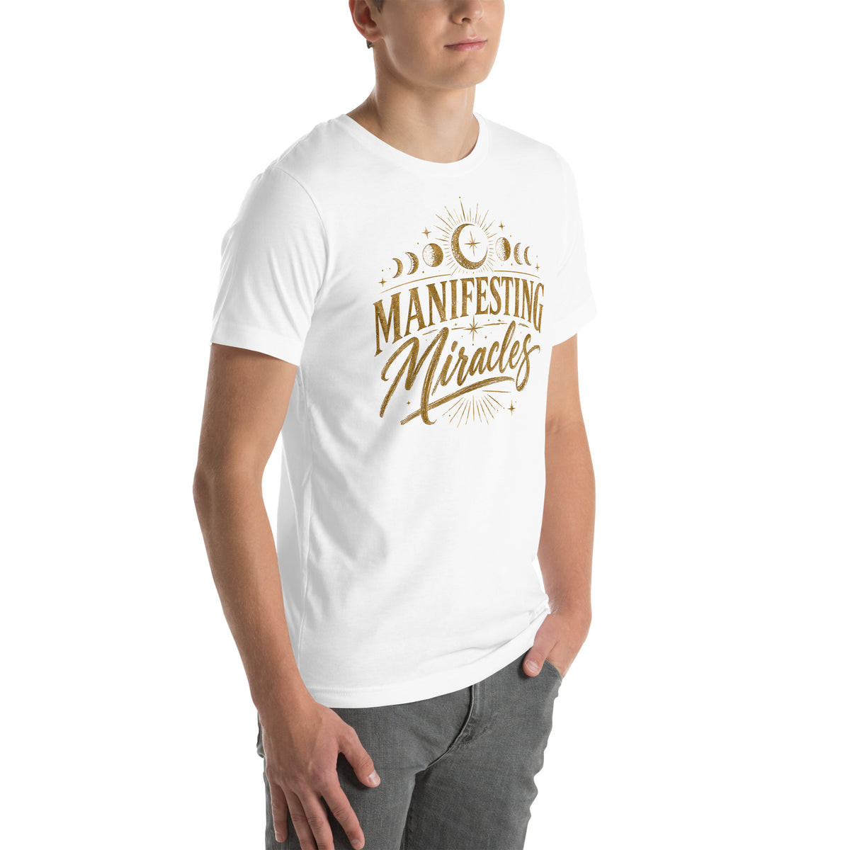 Manifesting Miracles design with moon phases in antique gold, on a white unisex t-shirt, angled right front view