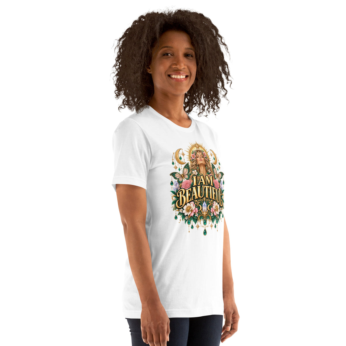 I Am Beautiful affirmation design with roses, butterflies and twin crescents in gold, on a white unisex t-shirt, angled right front view