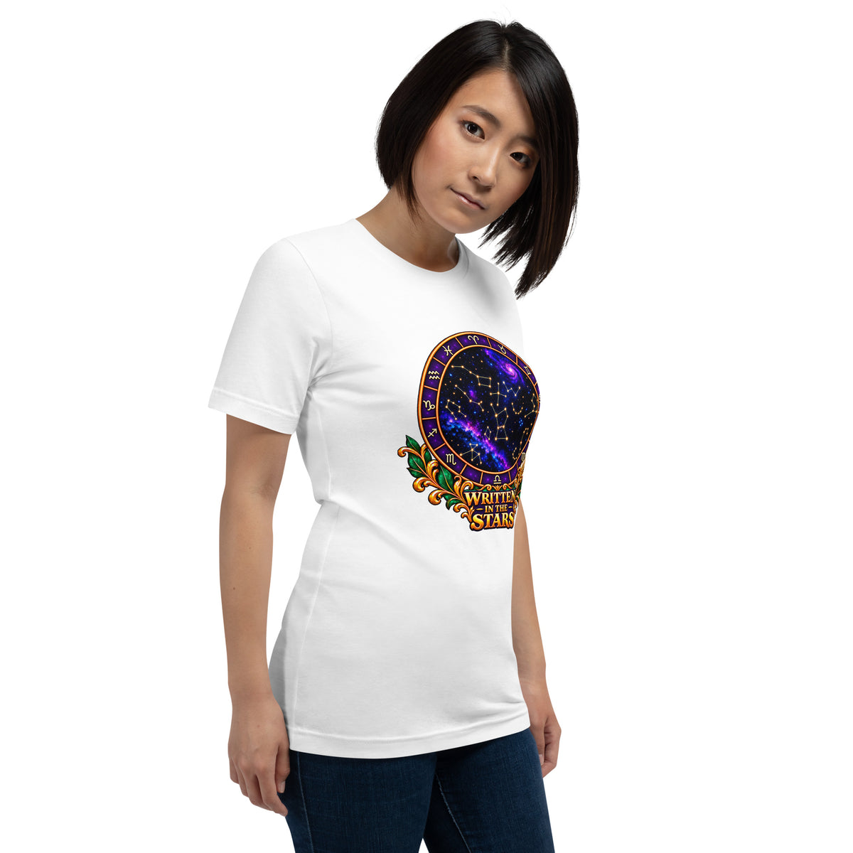 Written In The Stars astrology design, a zodiac wheel of constellations and a galaxy framed by gold scrollwork and a feather quill, on a white unisex t-shirt, right front view