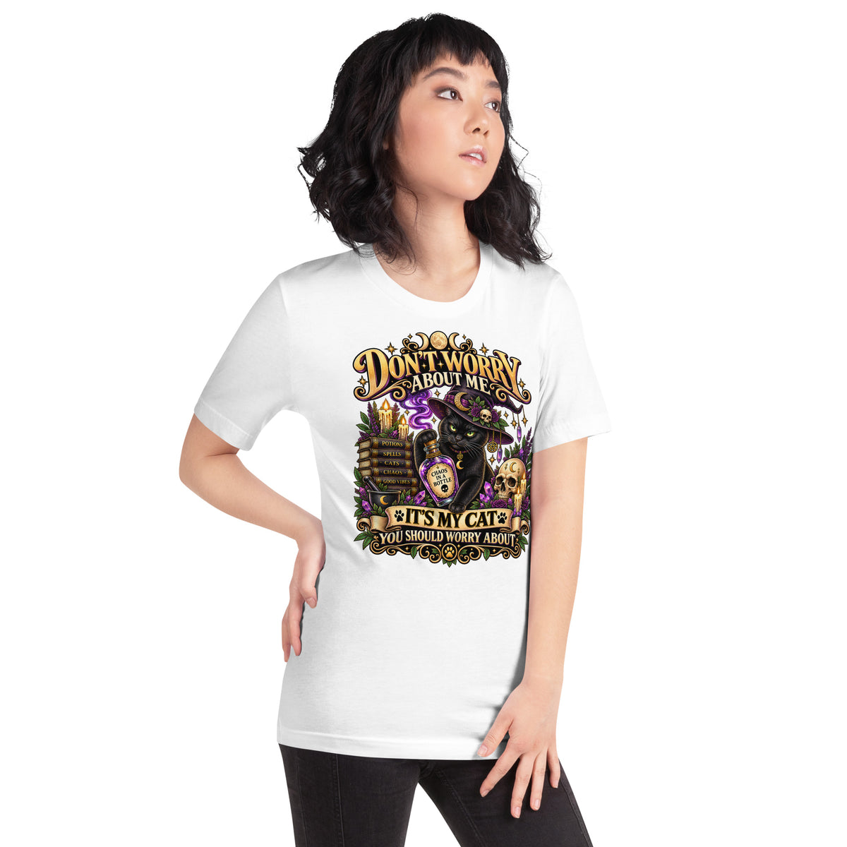 Model wearing a White It's My Cat You Should Worry About t-shirt, right side view