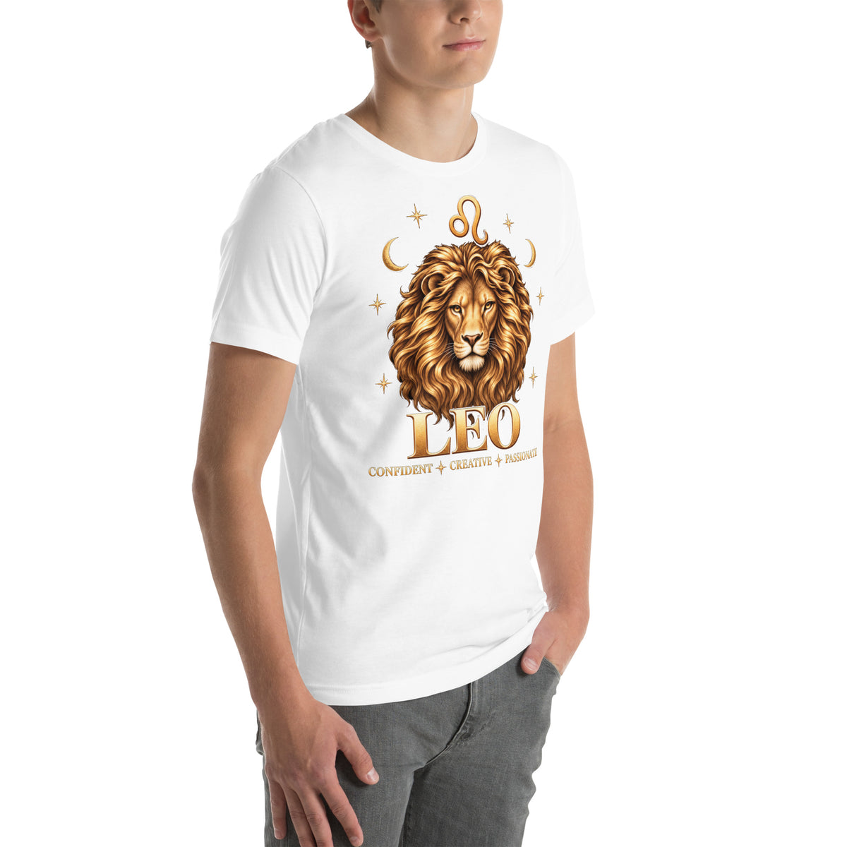 Leo zodiac t-shirt in white, front view angled right