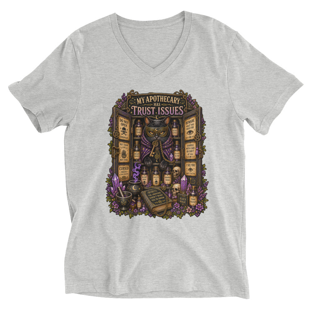 My Apothecary Has Trust Issues design on an athletic heather unisex v-neck t-shirt, front view, second angle