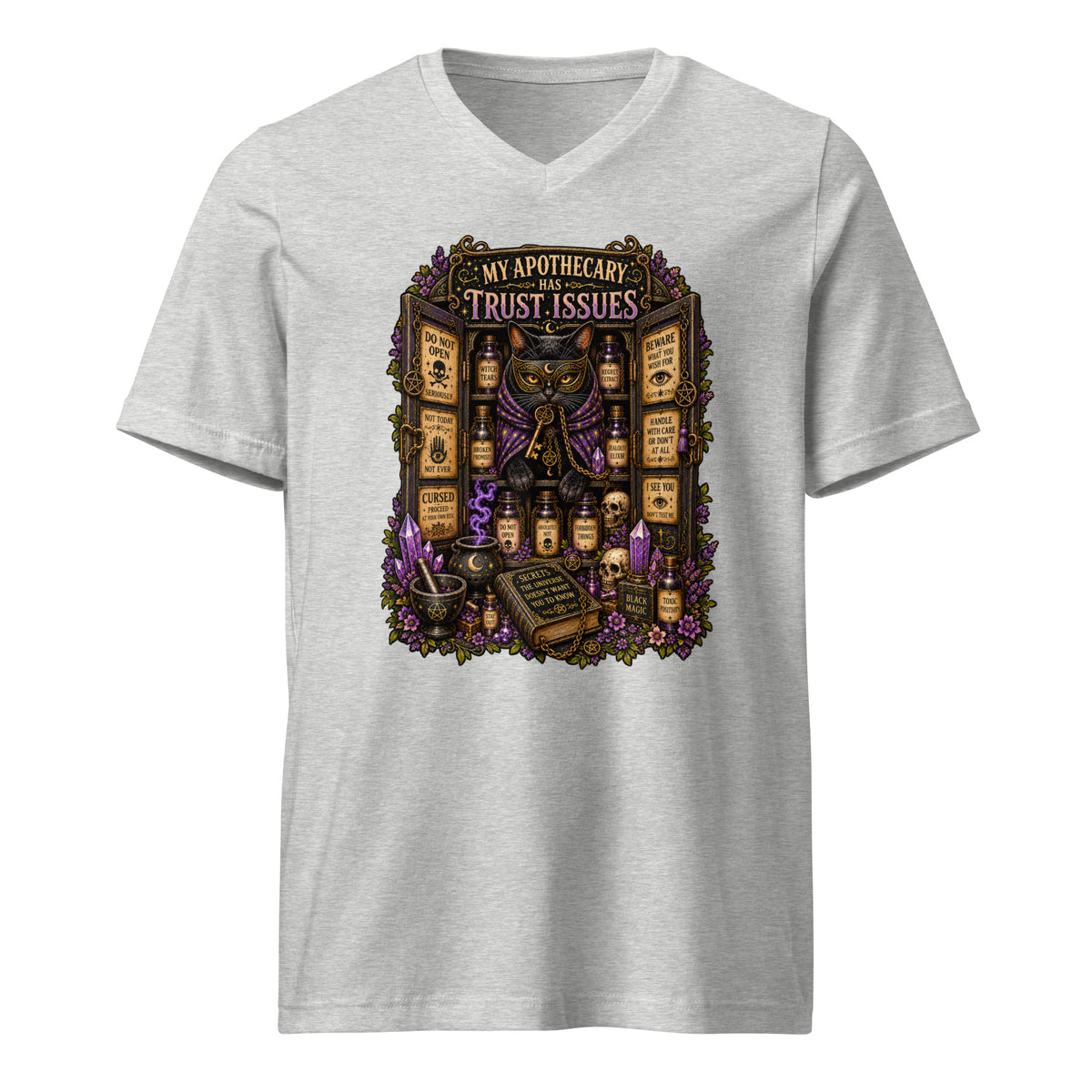 My Apothecary Has Trust Issues design, a masked black cat guarding a cabinet of labeled potions, on an athletic heather unisex v-neck t-shirt, front view