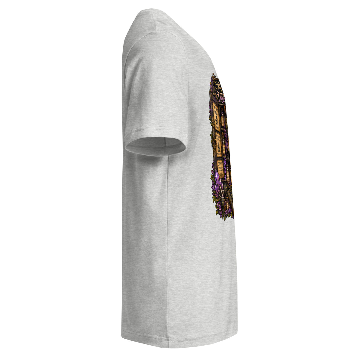 My Apothecary Has Trust Issues design on an athletic heather unisex v-neck t-shirt, right side view