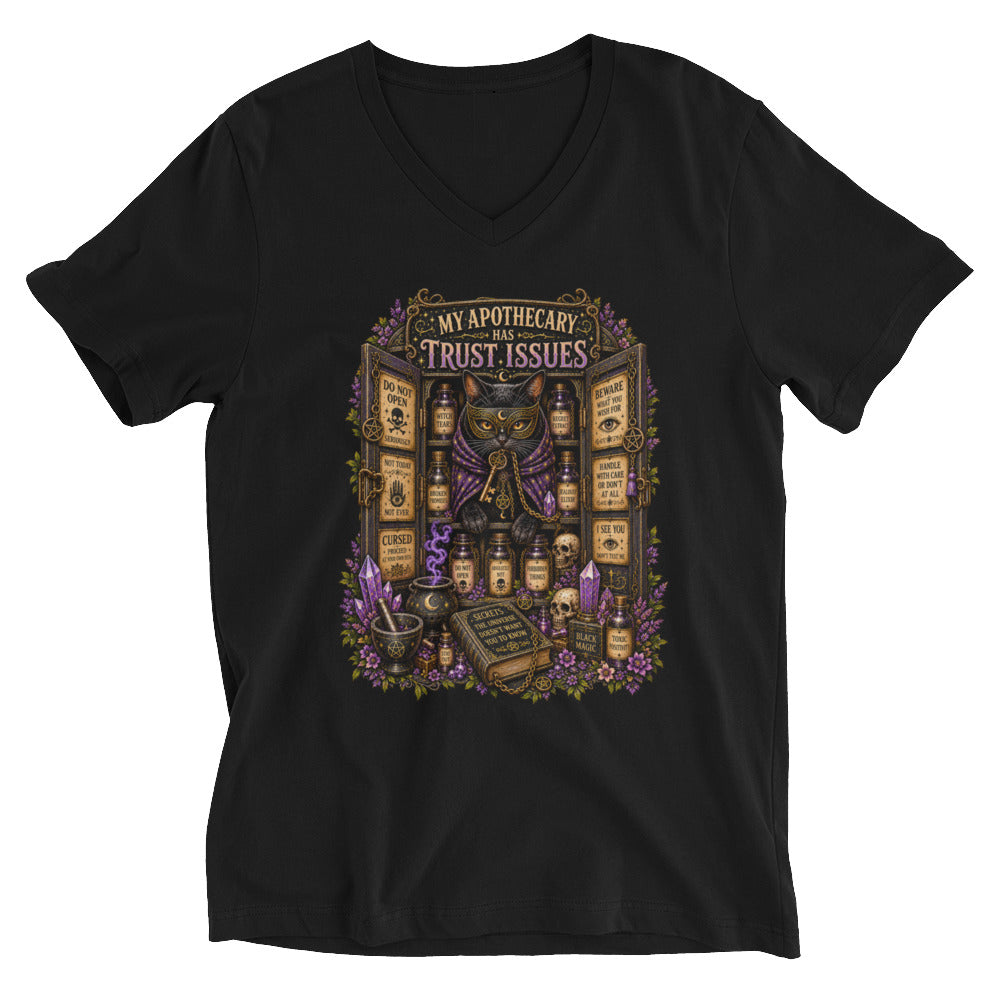My Apothecary Has Trust Issues design on a black unisex v-neck t-shirt, front view, second angle