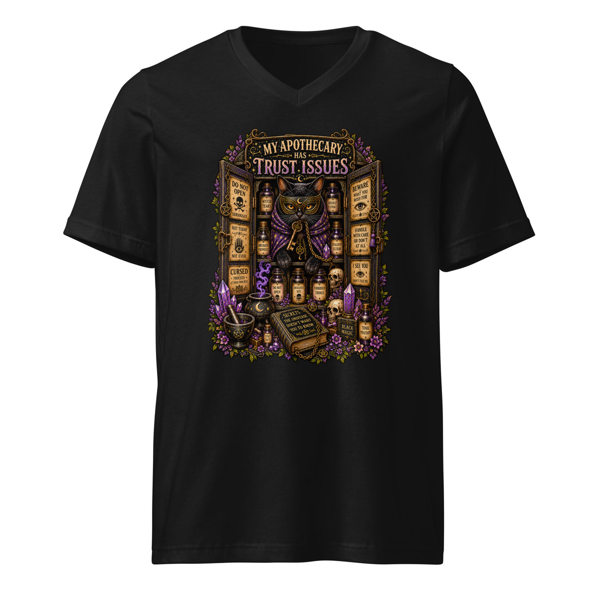 My Apothecary Has Trust Issues design, a masked black cat guarding a cabinet of labeled potions, on a black unisex v-neck t-shirt, front view