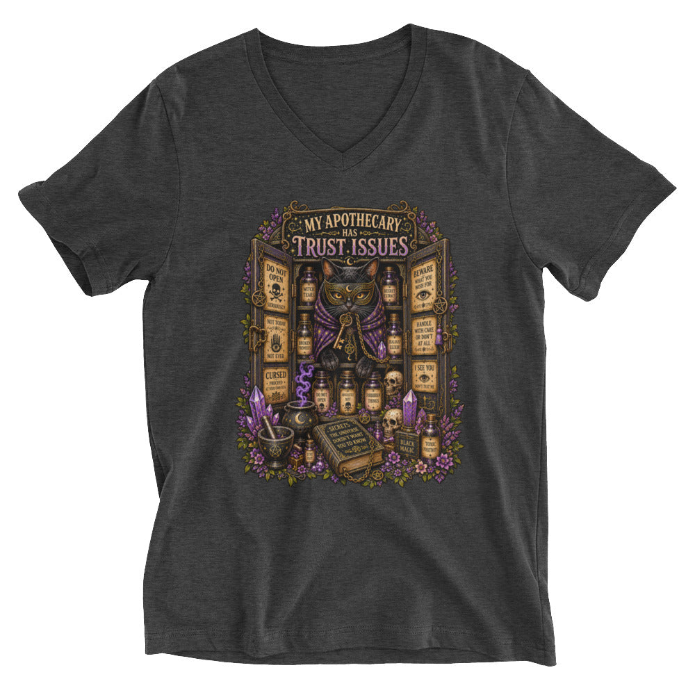 My Apothecary Has Trust Issues design on a dark grey heather unisex v-neck t-shirt, front view, second angle