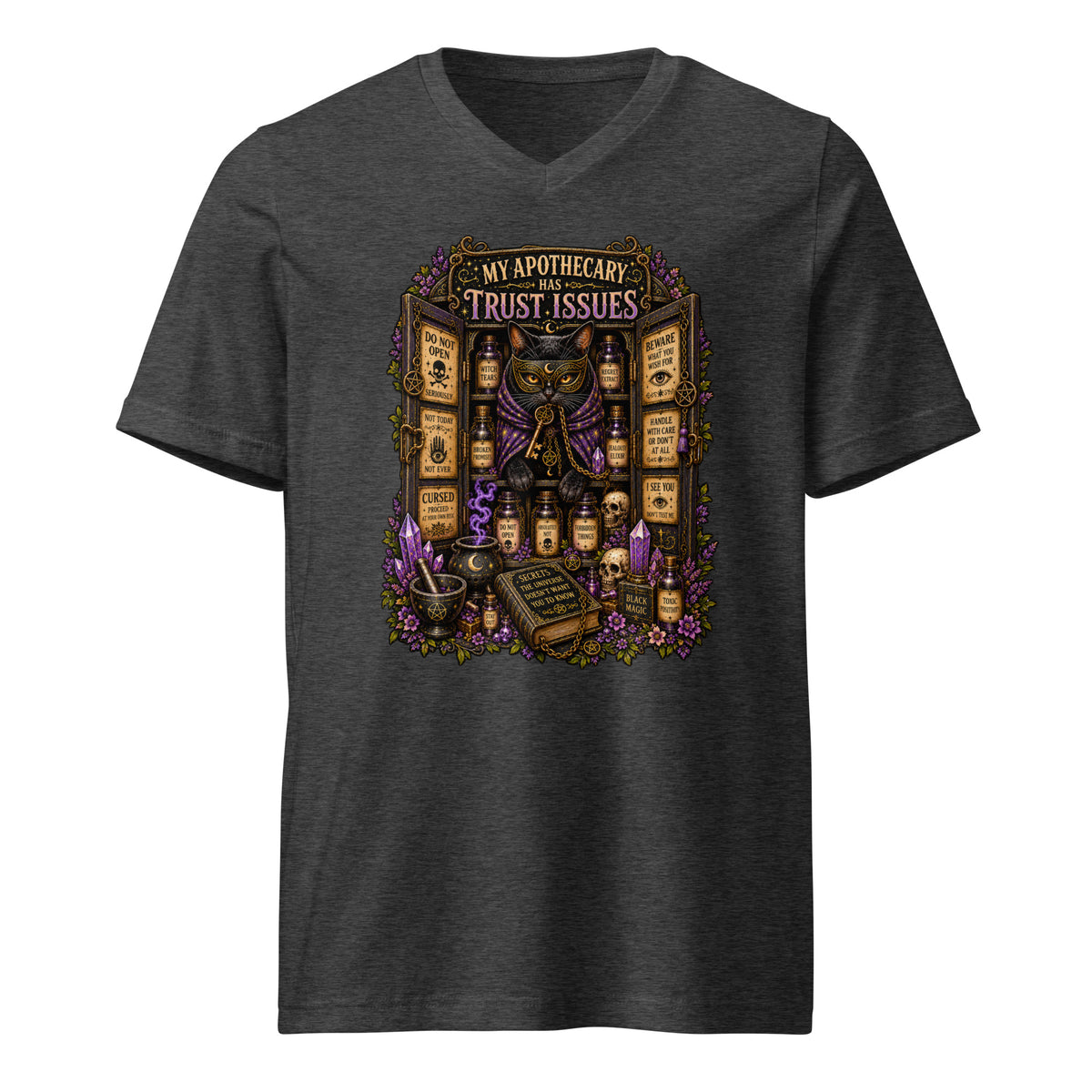 My Apothecary Has Trust Issues design, a masked black cat guarding a cabinet of labeled potions, on a dark grey heather unisex v-neck t-shirt, front view