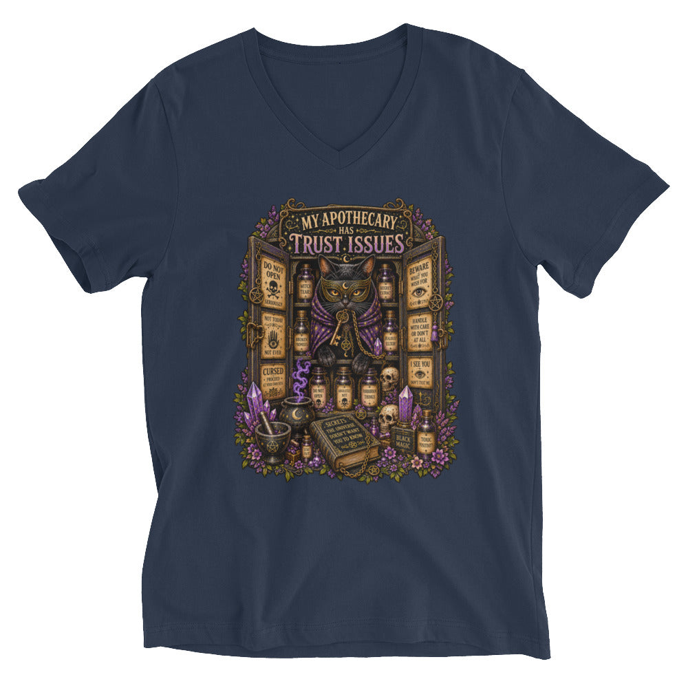 My Apothecary Has Trust Issues design on a navy unisex v-neck t-shirt, front view, second angle